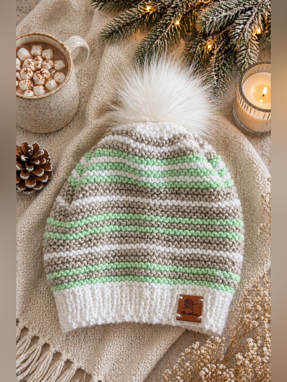 Women Striped Knit Pom Pom Beanie - White, Light Green, Grey